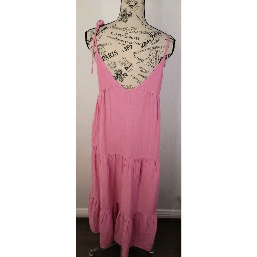 Zara Maxi Dress SZ XS Tiered Cotton Gauze Tie Strap Pink Euro Summer Bohemian - Picture 7 of 11